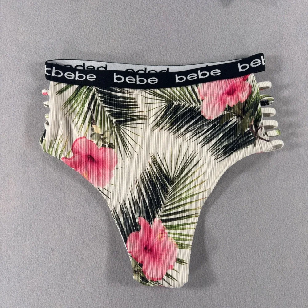 Bebe Women Tropical Floral Ribbed Bikini Set Logo Strappy High Waist White S